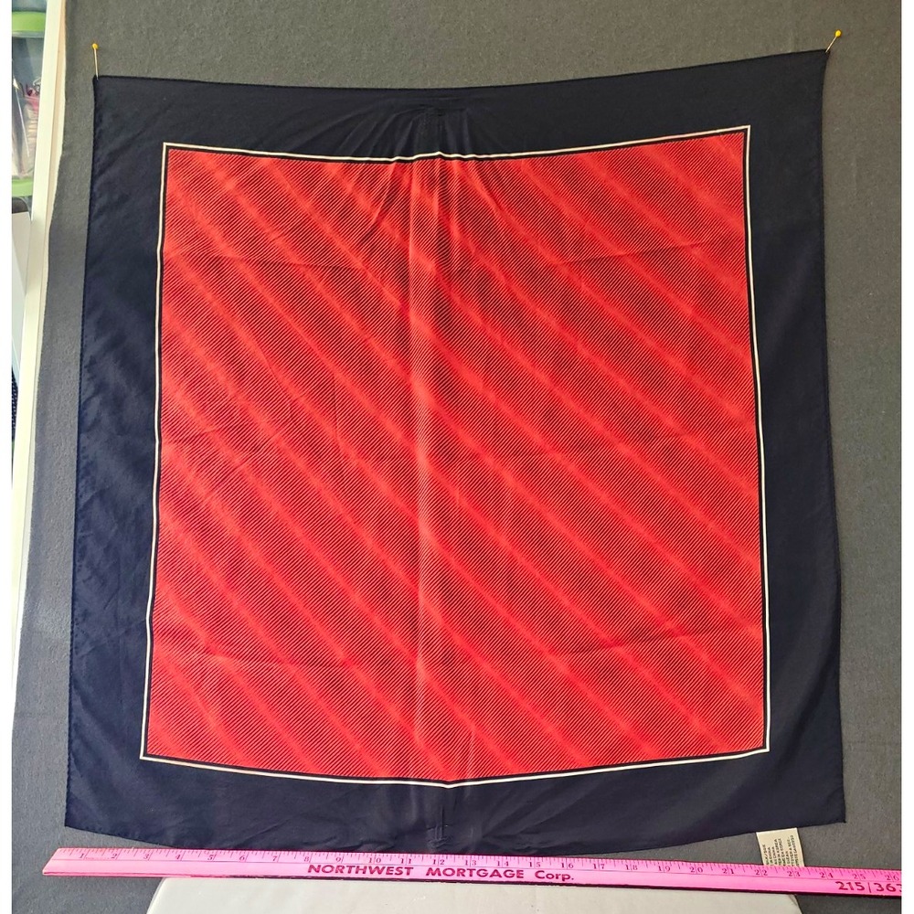 Anne Klein Women's Silk Satin Square Scarf Striped Red Black Logo 26x26" Vintage